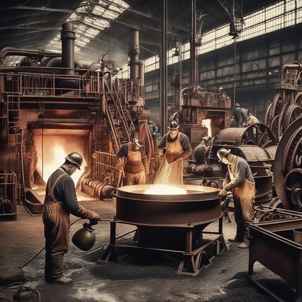 workers in 1900 working in a steel factory, melting iron, realistic people and metal, vintage look