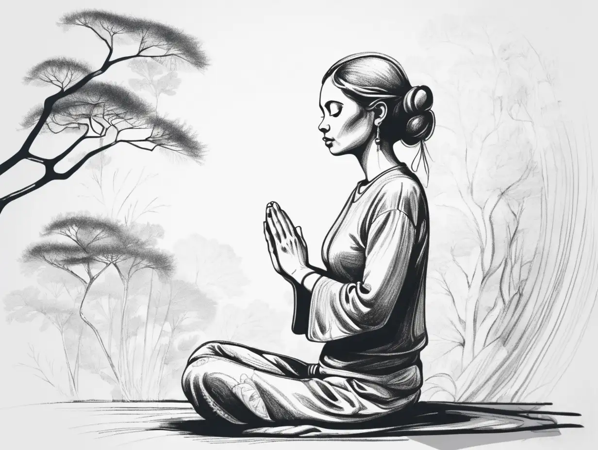 Serene Lady in Prayer Meditation Graphic Illustration