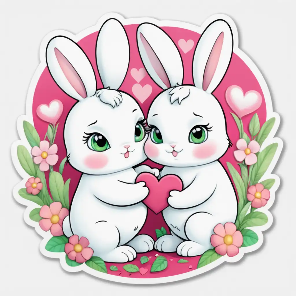 Cute,fairytale,whimsical, pastel,cartoon, chubby ,very furry ,white baby bunny couple, with big ears,big green eyes, ,beautiful valentine background, with valentine hearts and flowers around, sticker,white background, bright,colorful