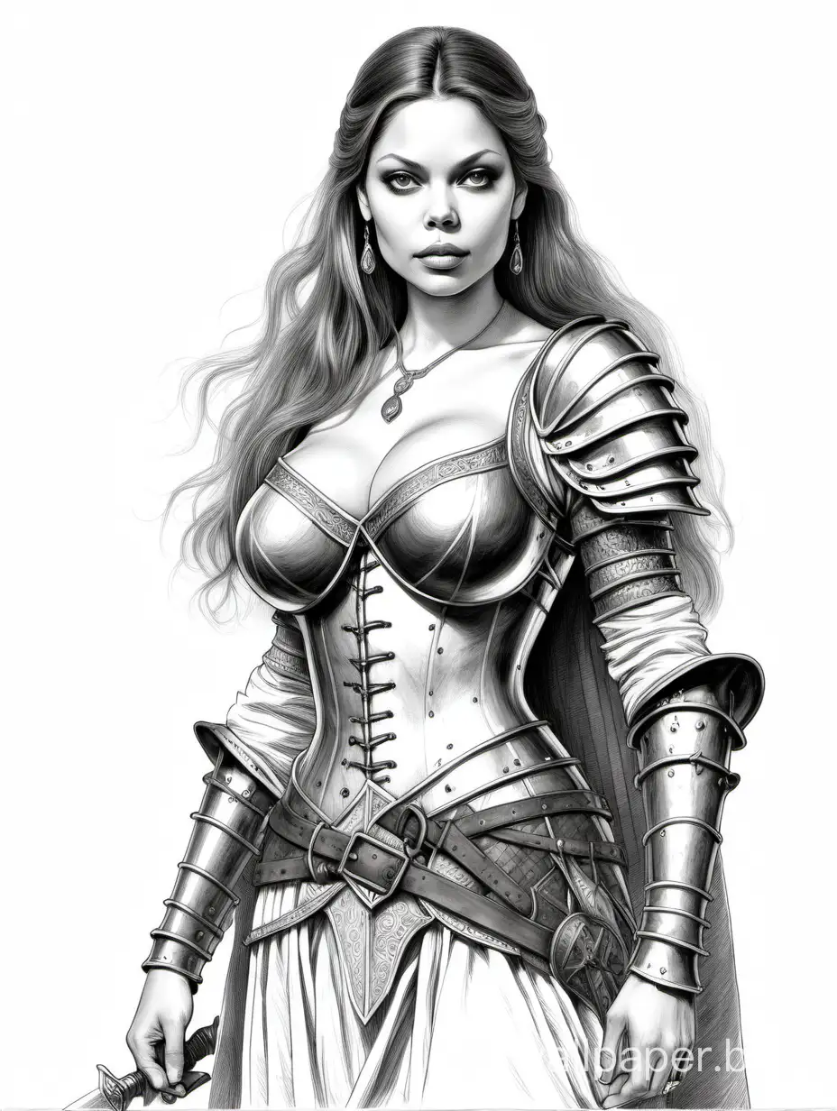Ornella Muti, Medieval young woman with huge breasts warrior princess 20 years full height strong, D&D character, black and white sketch, high detail, full height, white background