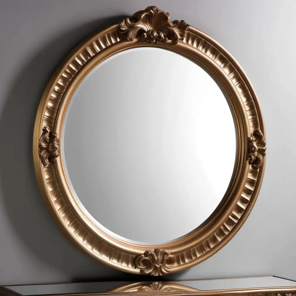 leaner profile round mirror with carving on the top in foiling finishes