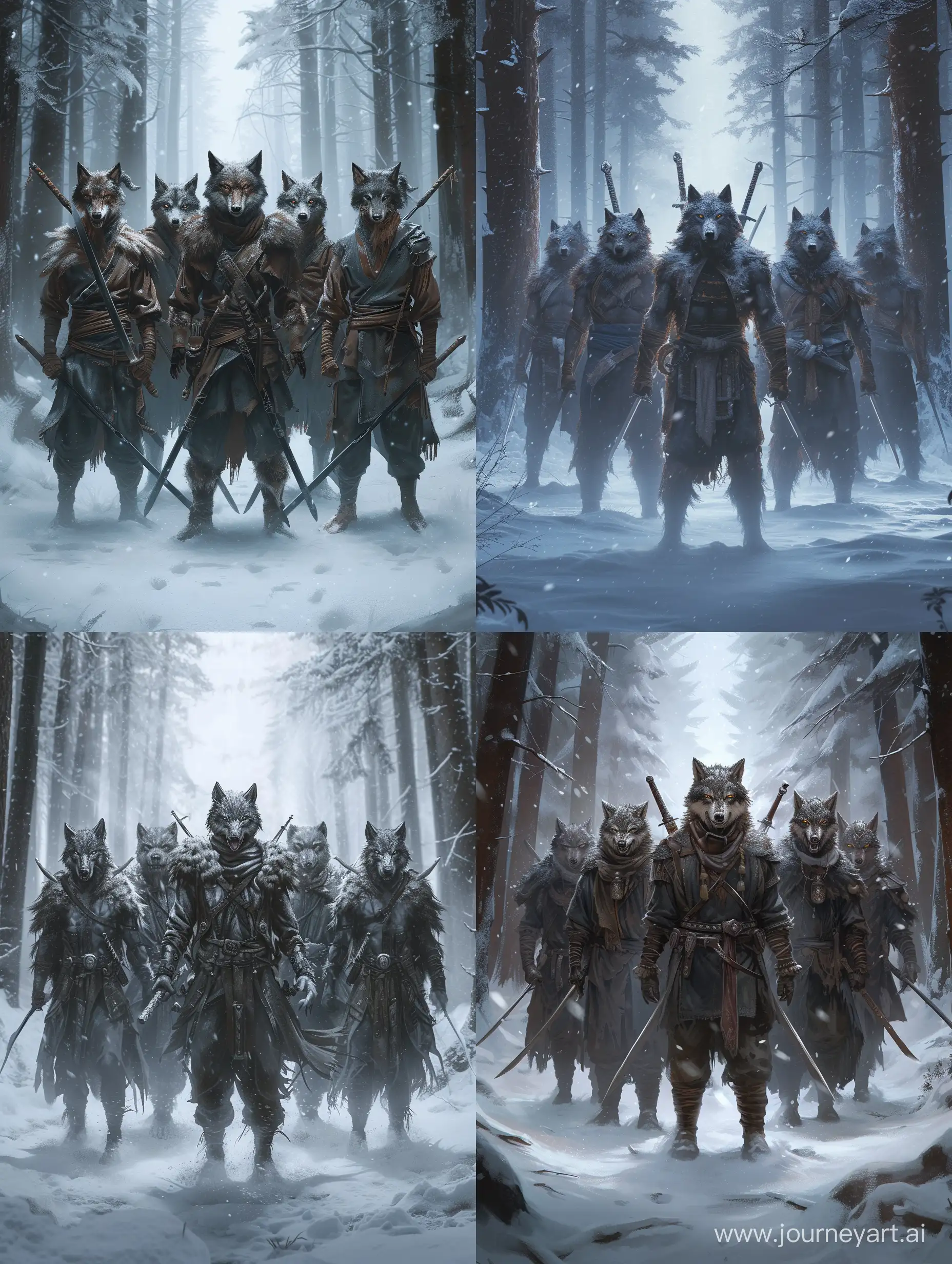 six warriors with a wolf's head and a human body,The leader of the wolves in the middle,two swords on his back,empty hands,in snowy forest,fierce,Detailed clothing.incredible detail,dark light,terrifying.