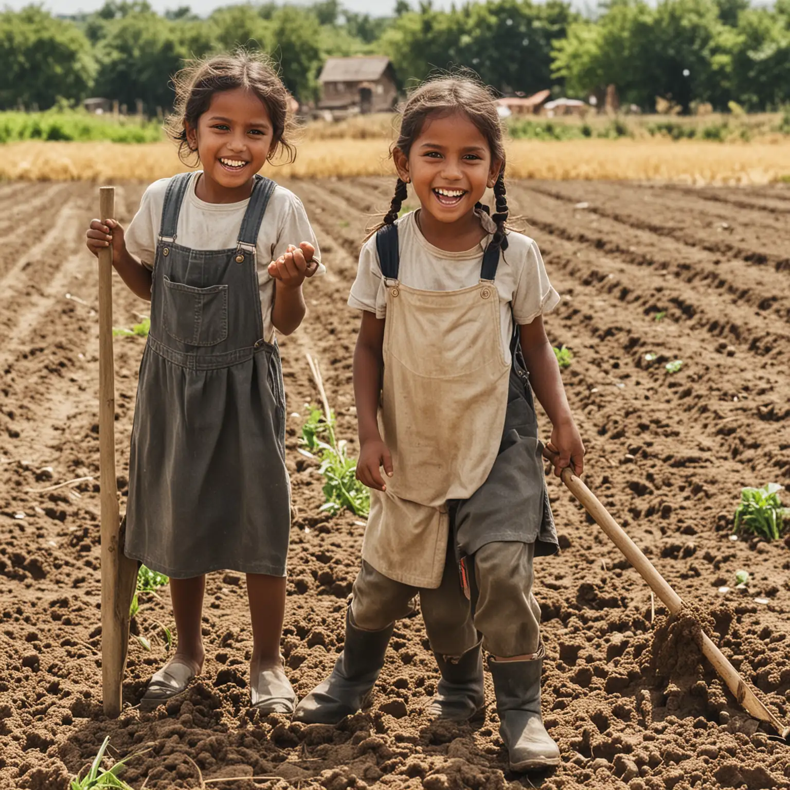 Joyful Children Working in Sunlit Fields