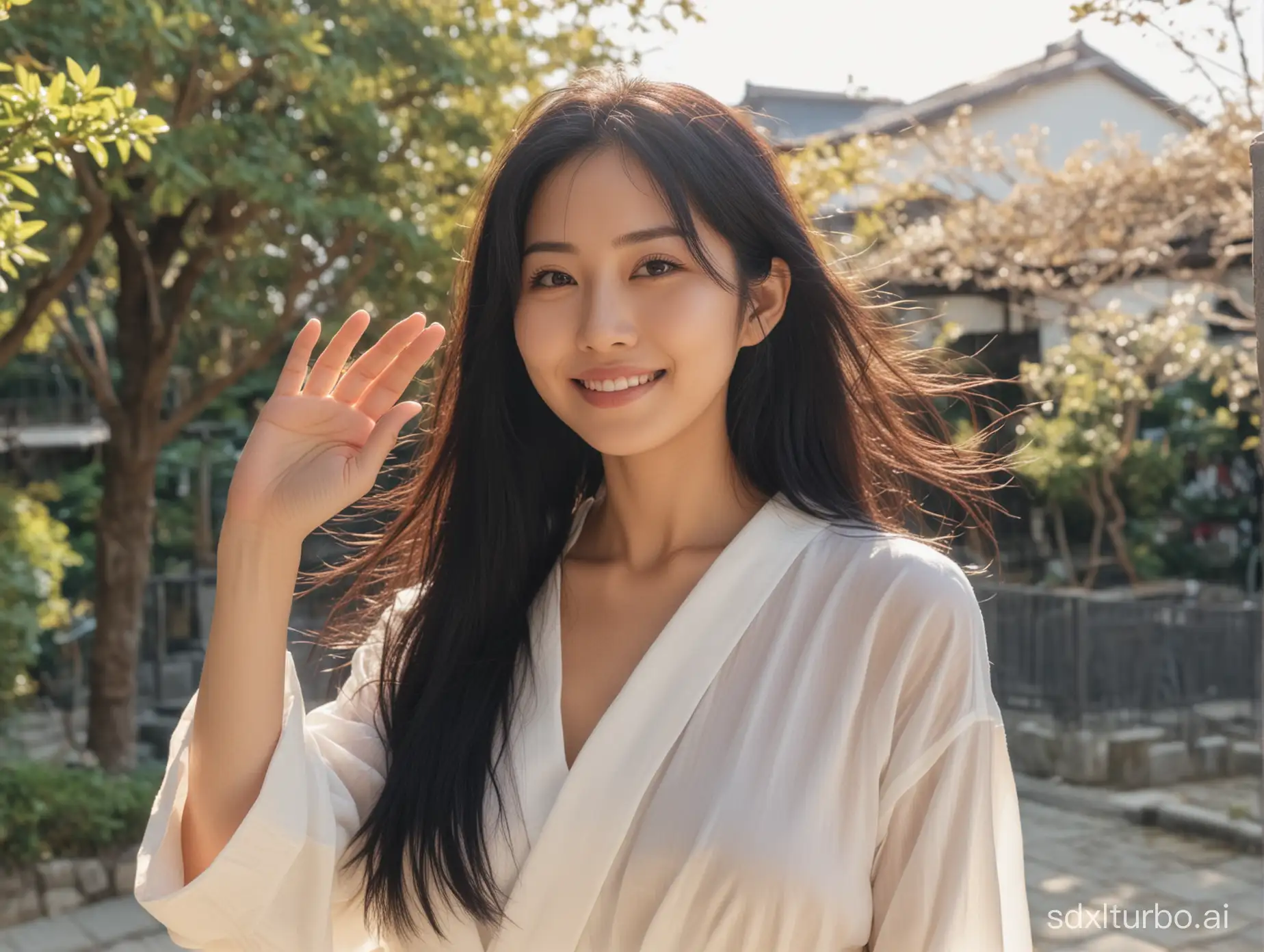 beautiful intellectual typical Japanese 33-year-old girl under sunshine smile to viewer, Instagram model, long black hair, warm, black eyes, height 6.5 feets, female, masterpiece, 4k, correct fingers or hands