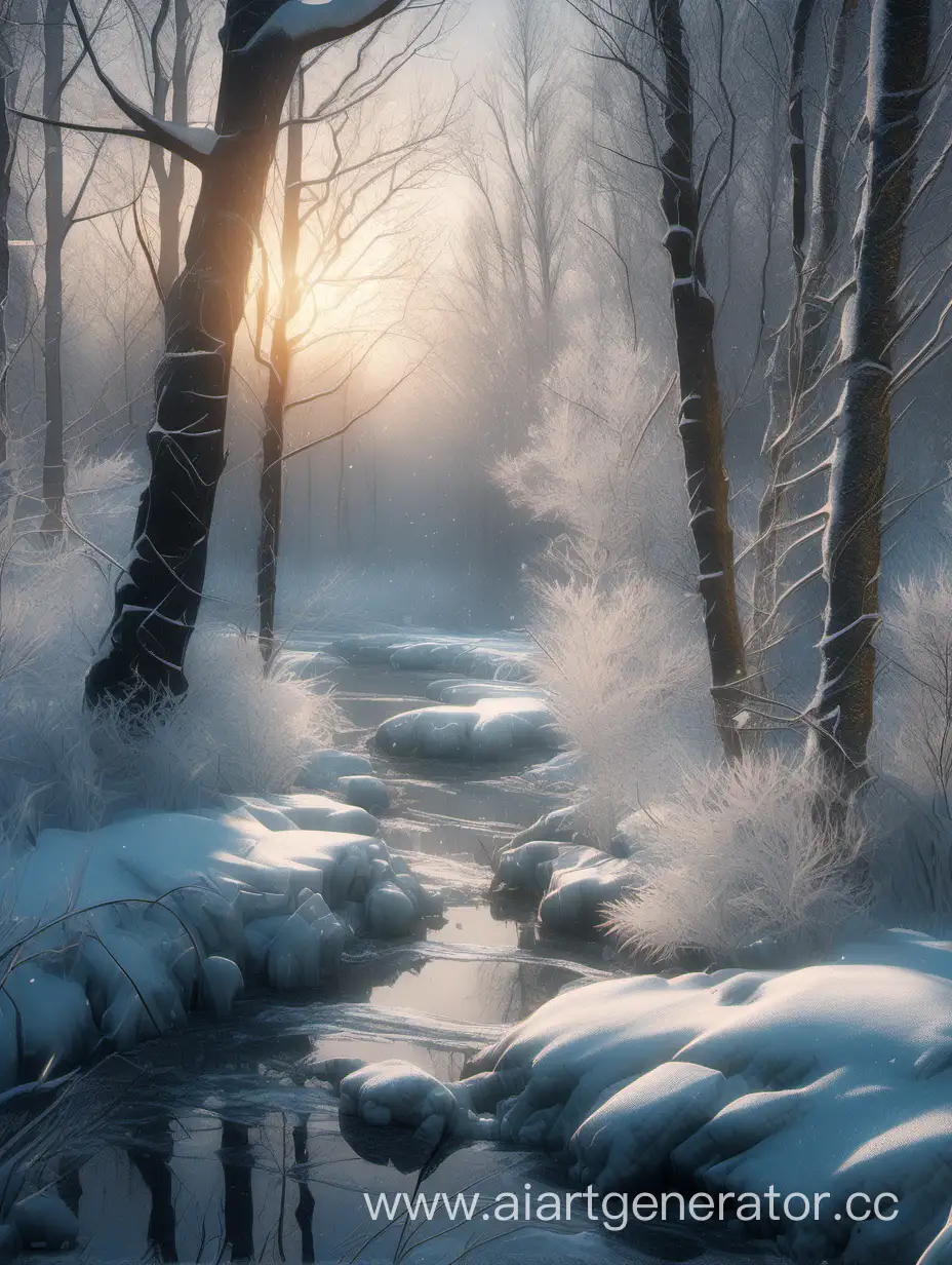 Winter-Forest-Landscape-Painting-with-Frozen-Stream-and-Christmas-Trees