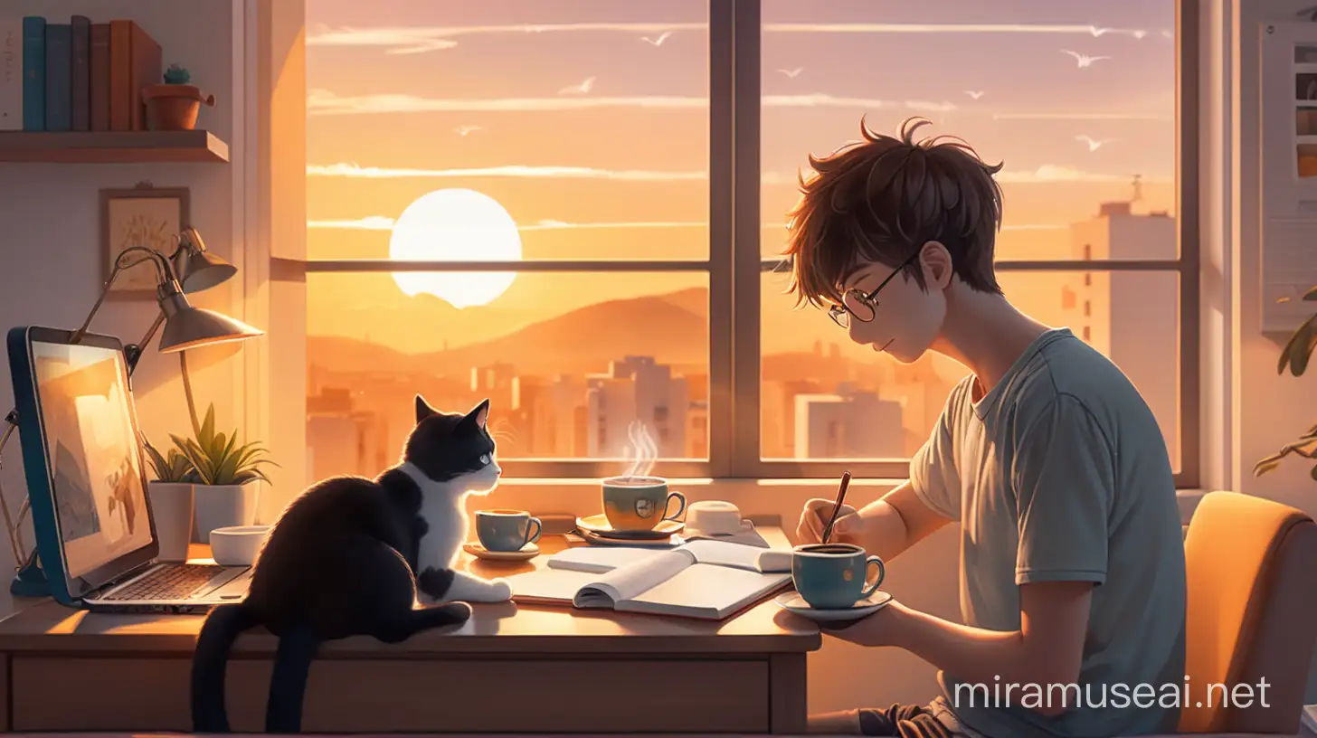 a young guy study in bedroom in front of desk with hot coffee in sunset and cute cat