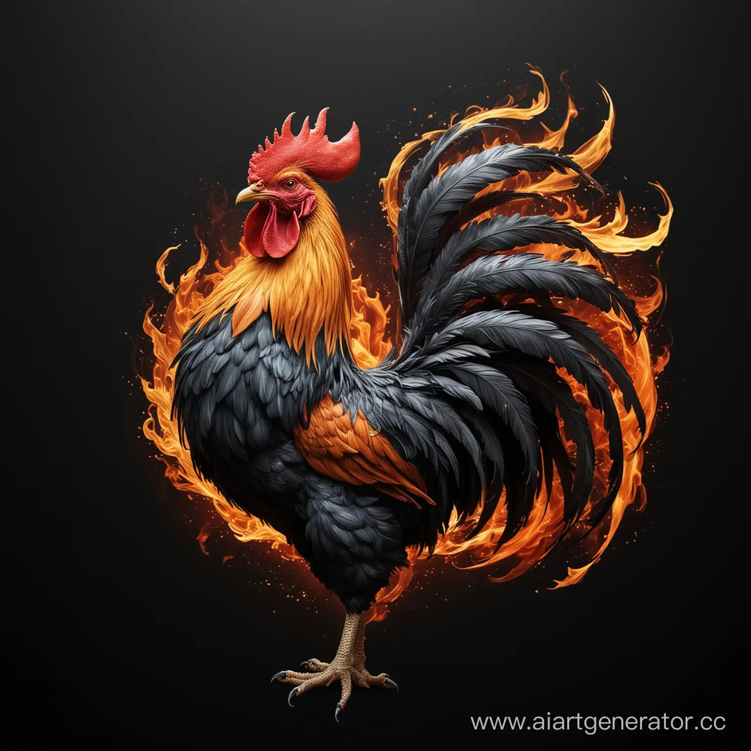 Majestic-NineTailed-Fire-Rooster-Against-Black-Backdrop