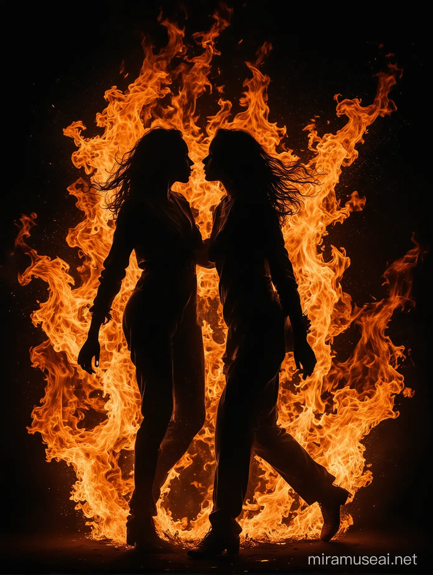 black background, silhouette of a two woman engulfed in flames, action-packed


