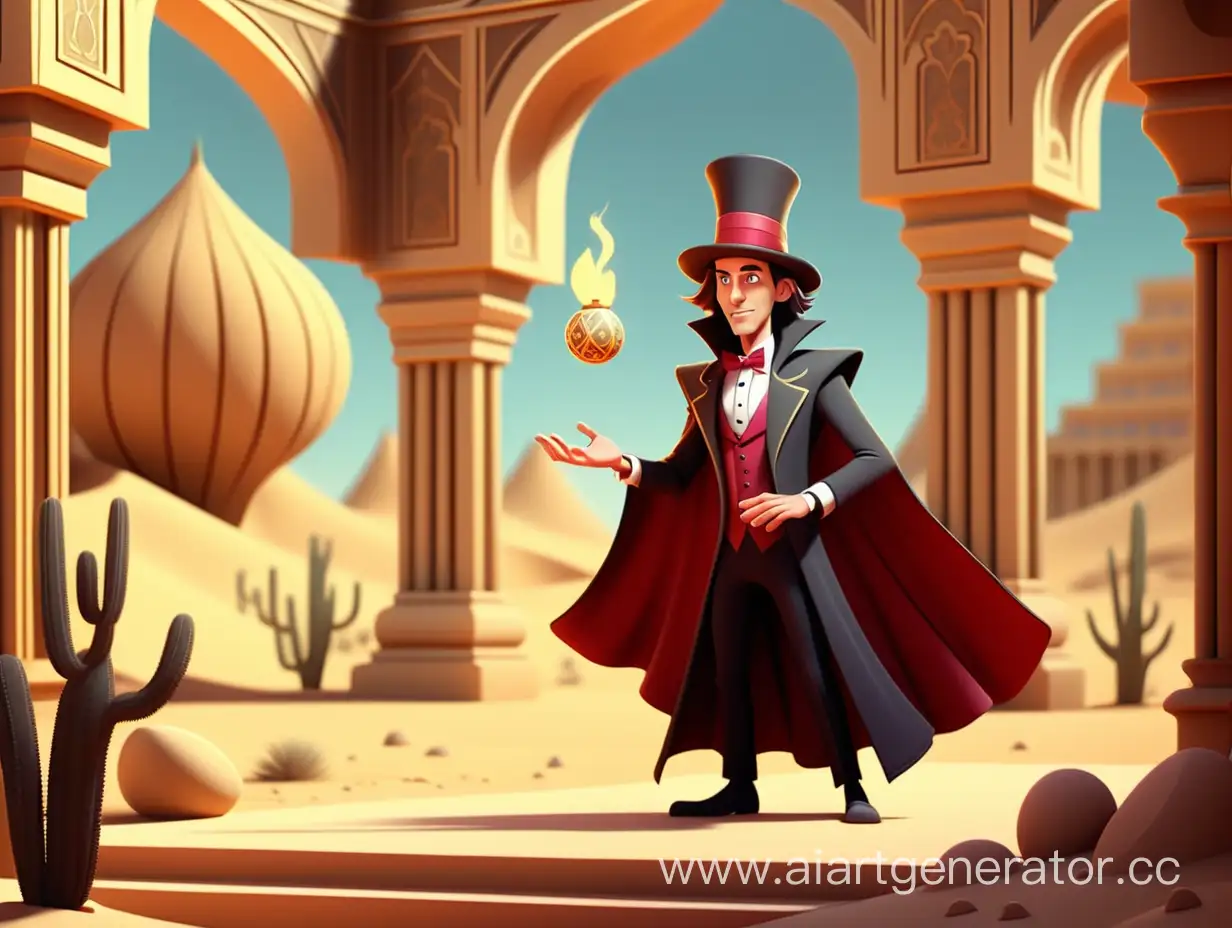 cartoon style, 8k, one magician in the palace in the desert.
