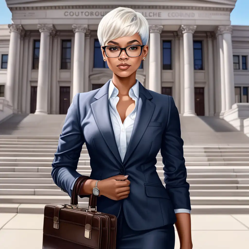 An realistic beautiful
Black light skin woman wearing platinum blonde hair color super short pixie haircut, she is a attorney at law, Boss babe, dressed in a luxury suit, she wearing glasses, she is holding a brief case, she is fully shown dressed, she is standing in front of courthouse.