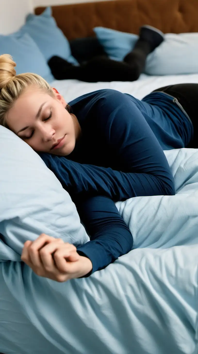 Blonde Woman Sleeping Peacefully in Blue Jeans and Black Top