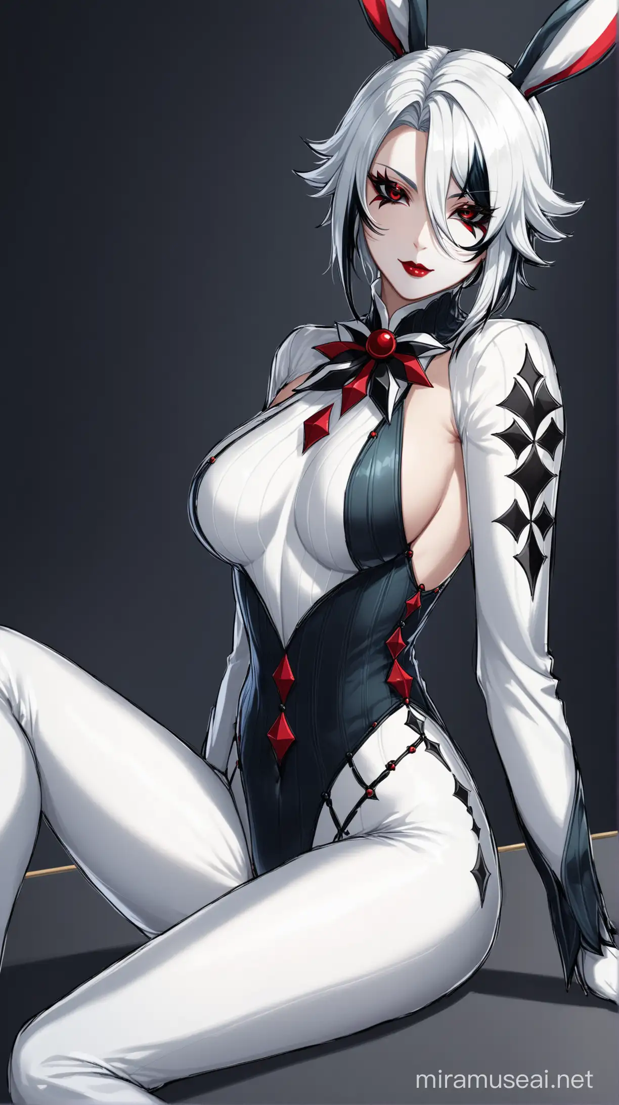 arlecchino genshin impact, white hair, sexy sitting posing, bunny suit