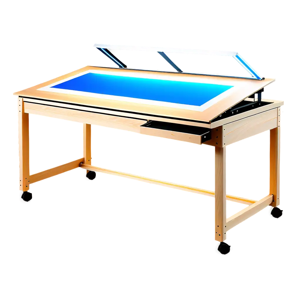 drawing table made of lumber with has LED strip light underneath the acrylic glass with the angle of 30degrees or adjustable with the use of  hinges and has drawer and caster wheels 


