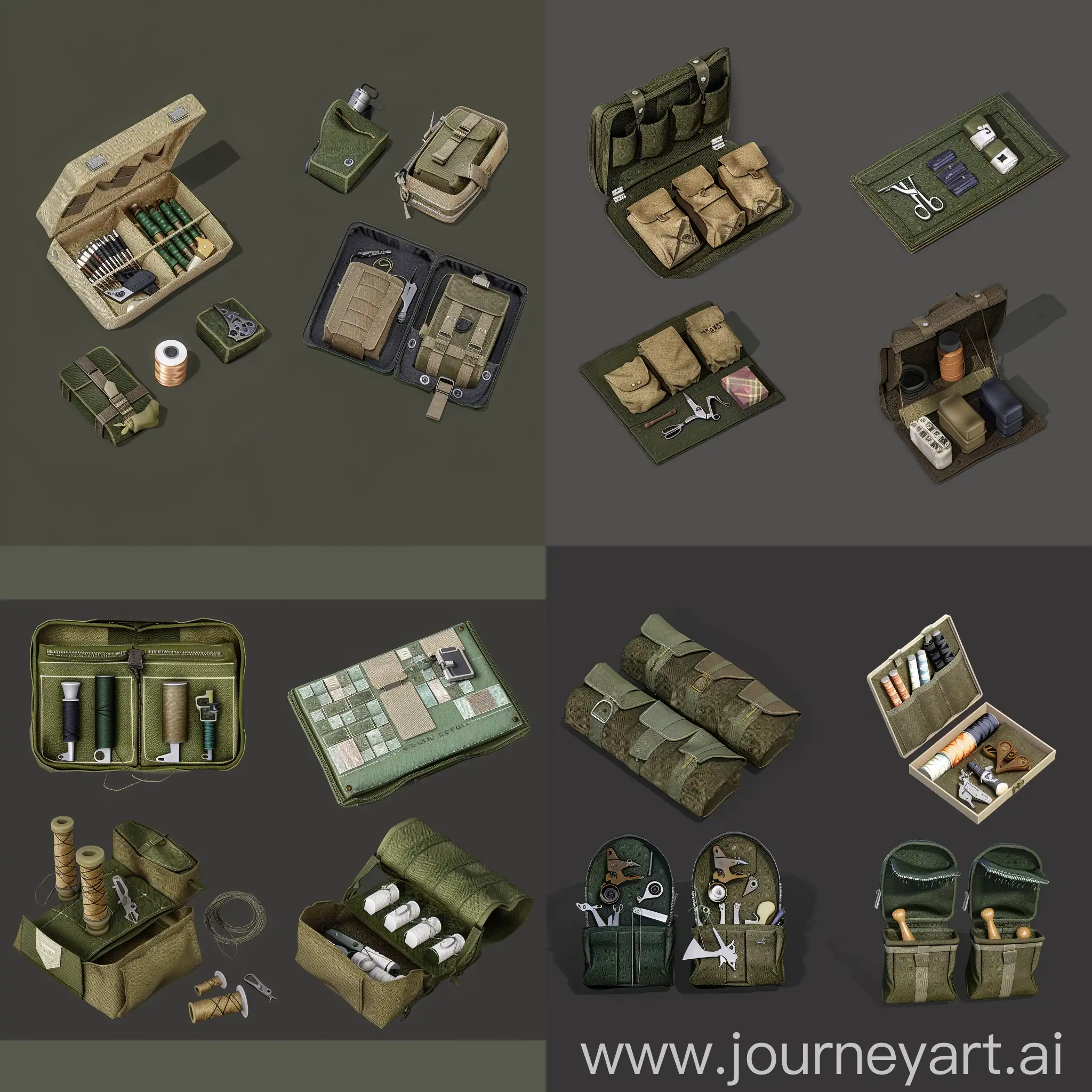 https://i.postimg.cc/XYksmDM1/image.png realistic photo of isometric set, old vintage military sewing kit stored in pouches, style of unreal engine 3d render, ultrarealistic style, isometric set, spritesheet --style raw --chaos 10 --iw 2