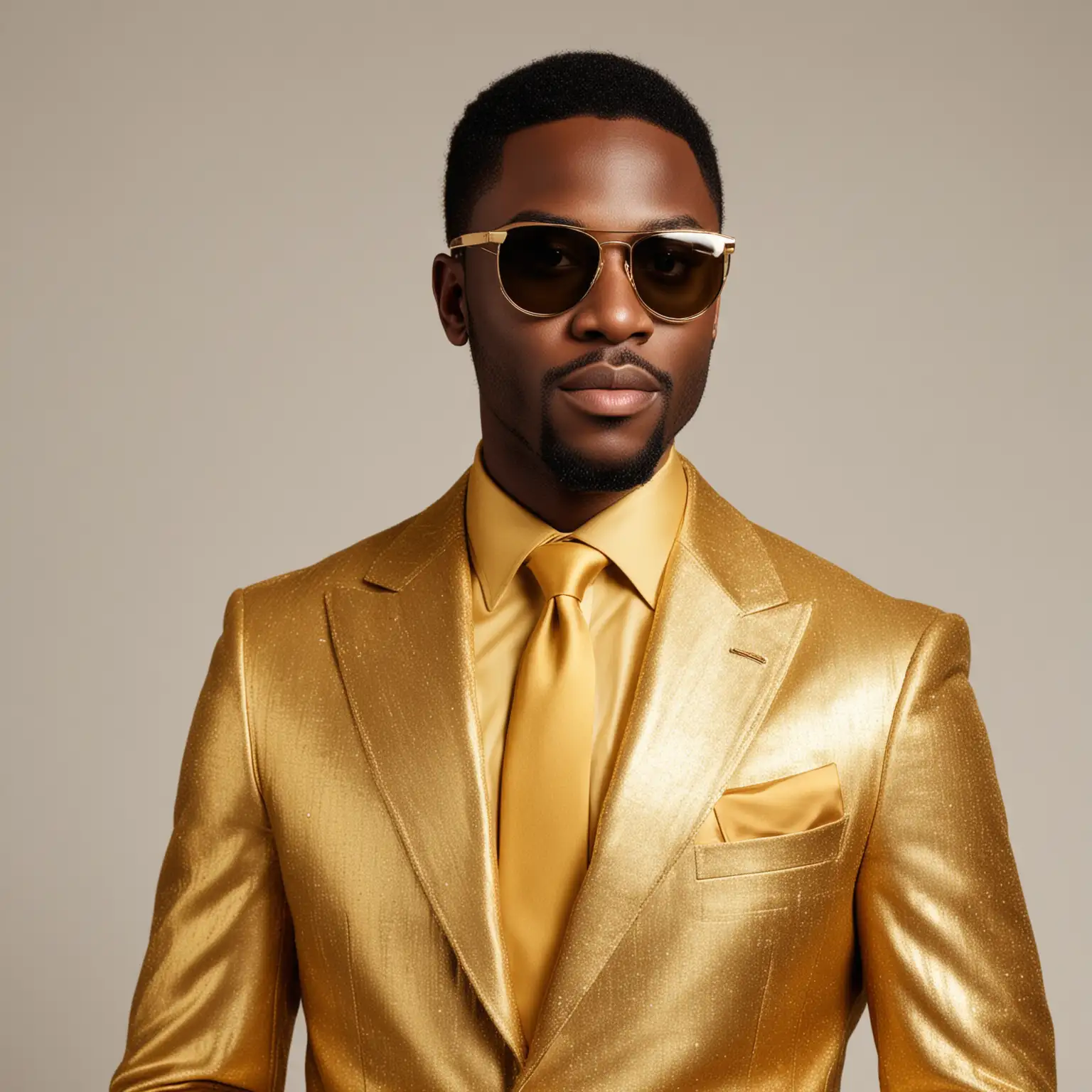 black man in gold suit with gold glasses on 
