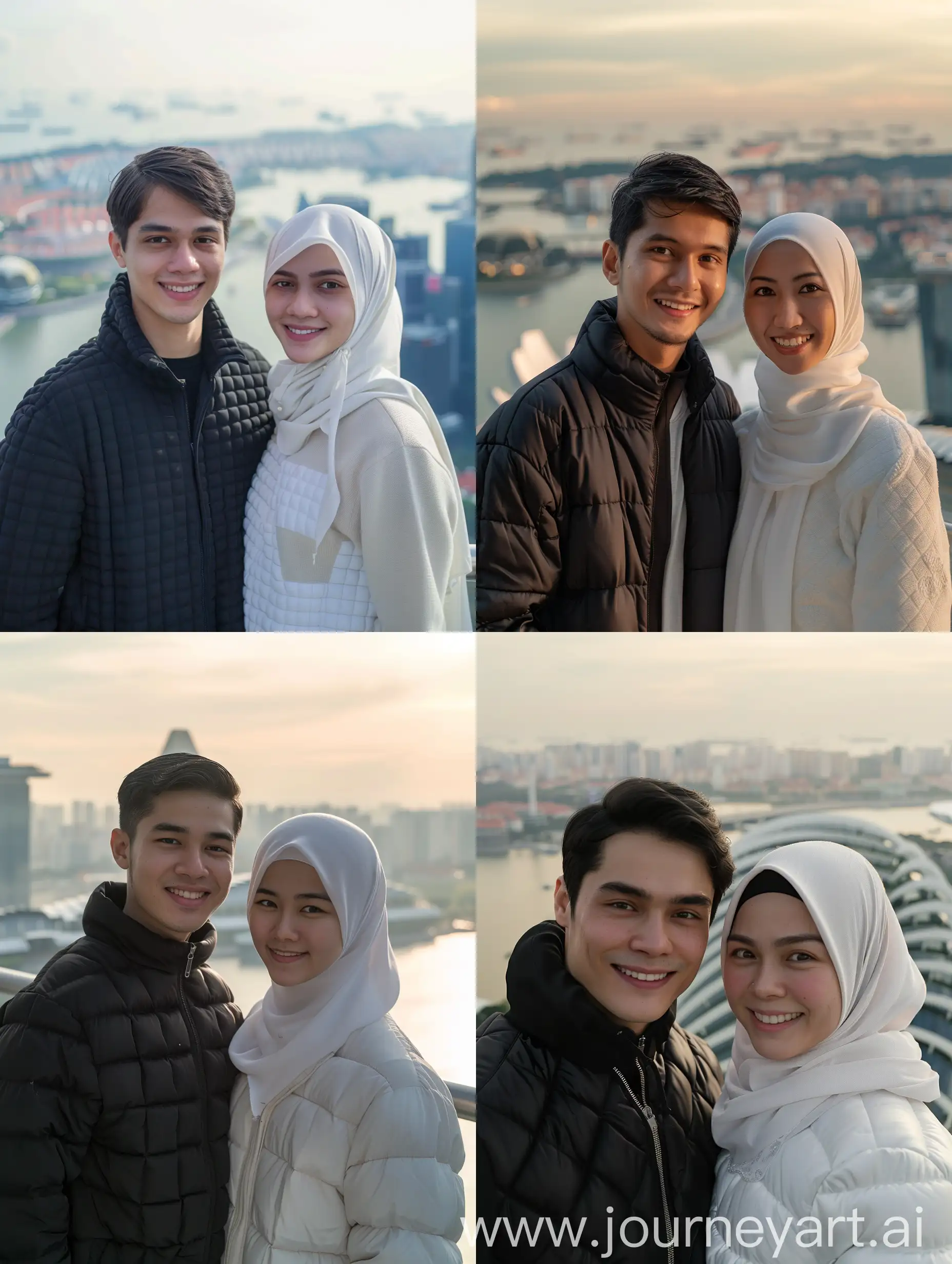 (8K, RAW Photo, Photography, Photorealistic, Realistic, Highest Quality, Intricate Detail), Medium photo of 25 year old Indonesian man, fit, ideal body, oval face, white skin, natural skin, medium hair, wearing a black bubble jacket, side by side with a 25 year old Indonesian woman wearing a white hijab, white bubble colored jacket, they smile facing the camera, their eyes look at the camera, the corners of their eyes are parallel to the view of the city of Singapore behind them is the Singapore shower statue in the afternoon
