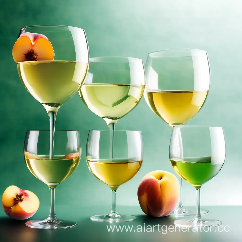 внутри бокалы формы для белого вина из тонкого прозрачного стекла находятся кусочек персика, кусочек груши, кусовек айвы, кусочек зеленого яблока