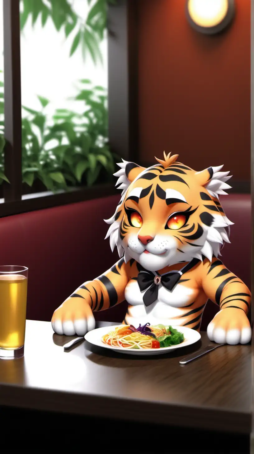 Adorable Furry Tiger Chibi Enjoying a Playful Meal at a Cozy Restaurant