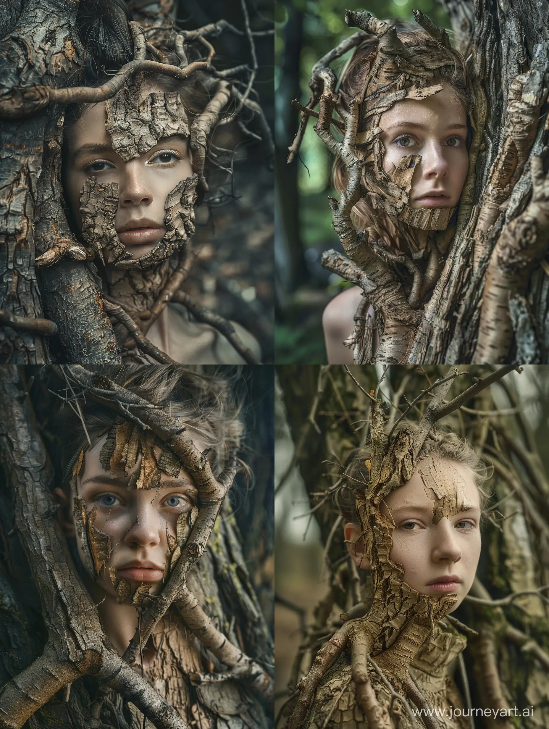 A young woman who has been transformed into a tree. She is now a tree: she is made of wood, she is covered by bark, she has branches and roots. Her face is made of wood. She is in a forest. Realistic photograph