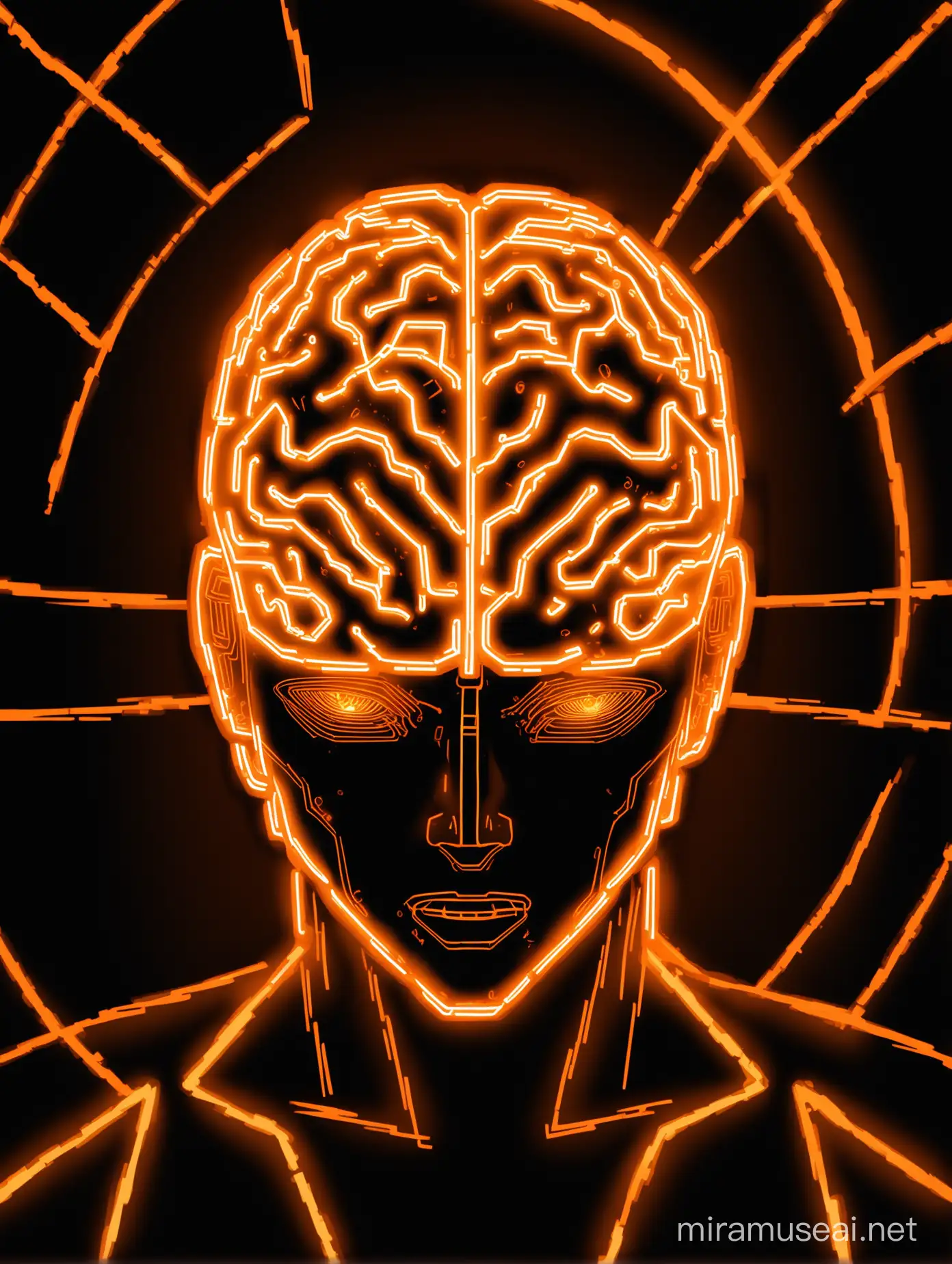 neon 100% orange-black electric brain in a dark futuristic background with orange neon lines, there's no human or entity in this picture