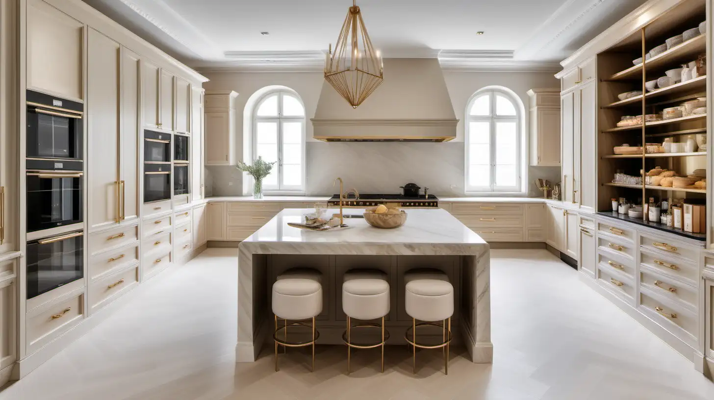 a hyperrealistic Modern Parisian grand kitchen with adjoining walk in pantry; beige cabinets and island with Quartzite slab top adjoined to built-in quartzite dining table; light beige walls with wainscotting;  oak herringbone floorboards; brass taps; brass exhaust; Ilve 120cm freestanding oven; ample natural lighting;
