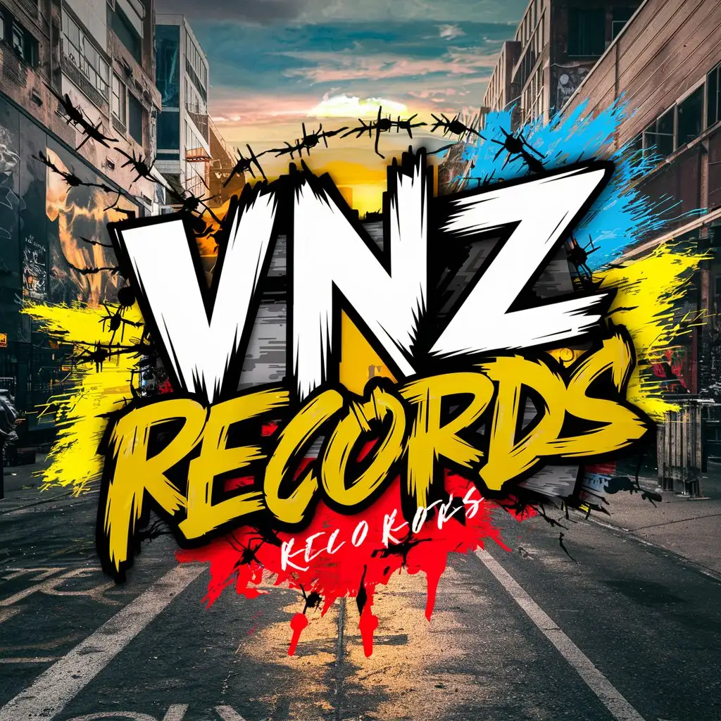 Promotional flyer for a VNZ Records, with street style text. The background is a bustling cityscape, with a vibrant street art mural. Above the wall of the mural are some barbed wires that reflect a sunset in the background, behind the text colorful paint snaps, yellow, blue and red in a watermark





