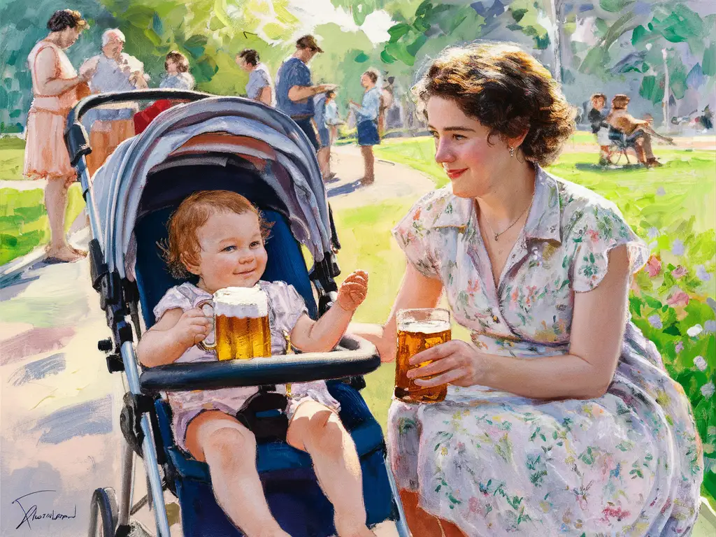 Art in the style of Mary Cassatt, a girl in a baby stroller holding beer, the strong colors, energetic brushwork, mother and child theme treated with warmth and naturalness, casual pose indicative of Impressionism, soft pastel colors and loose brushwork typical for Cassatt."
