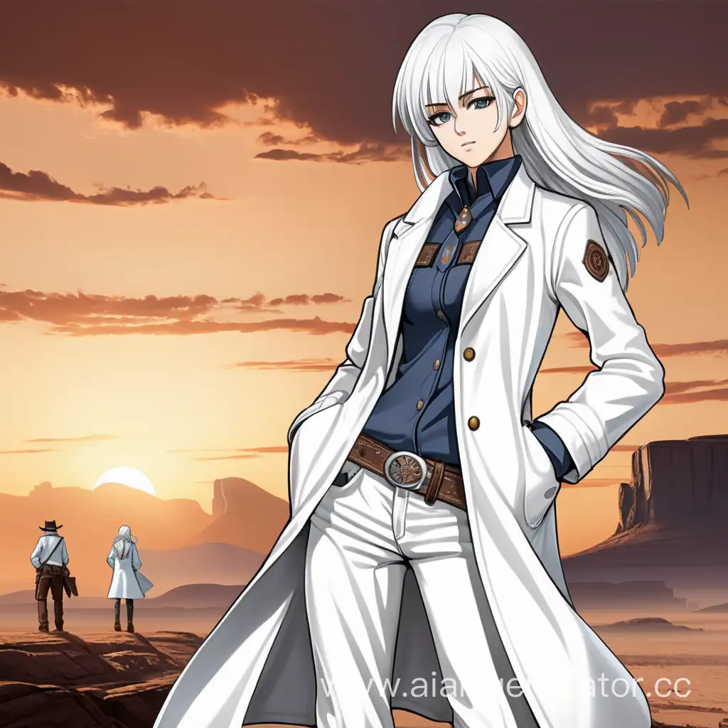 Wild west white haired anime woman headhunter in white coat and pants
