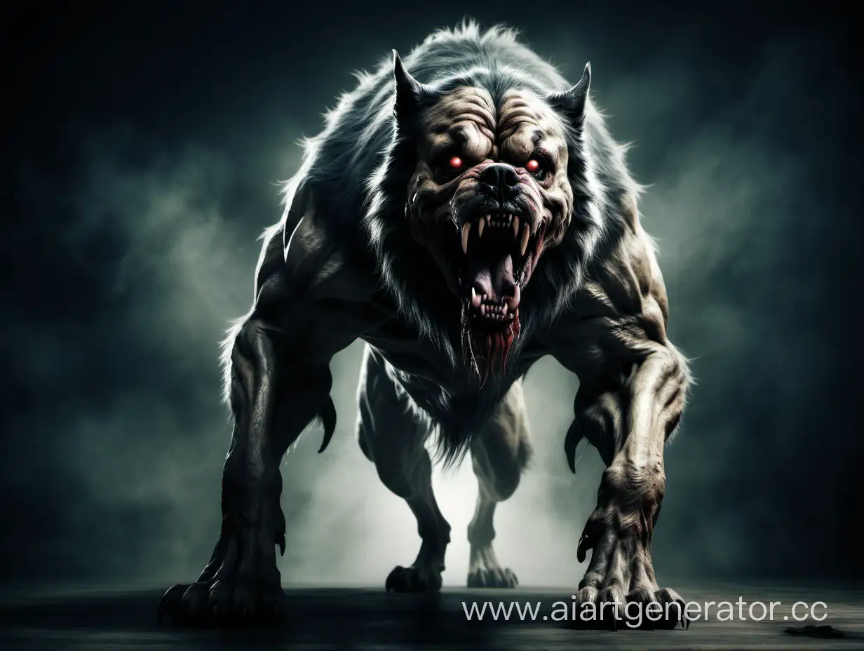 Страшный зверь, похожий на огромную собаку, в хоррор стиле, без фона, собака смотрит вперёд на зрителя