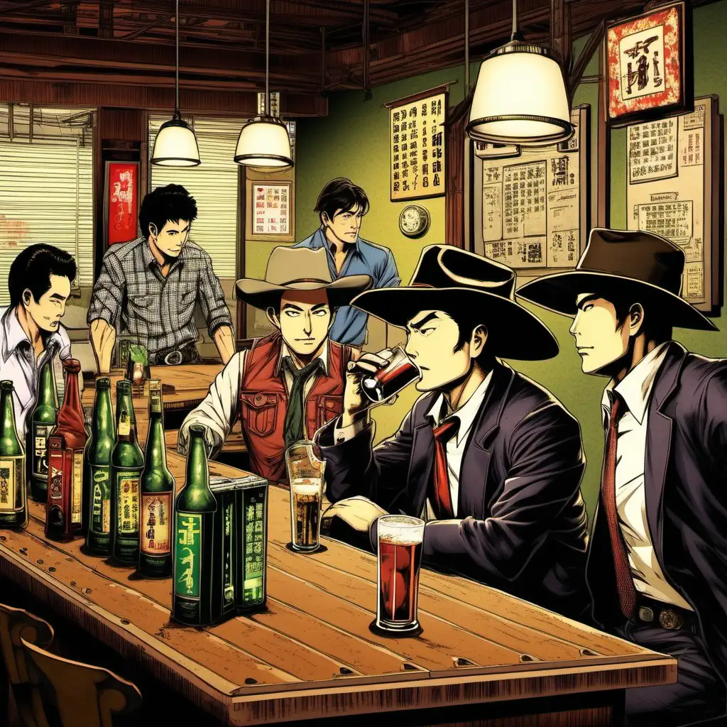 The computer cowboy Case, is having a drink at the bar Chatsubo, he is surrounded by professional expatriates, cinematic style