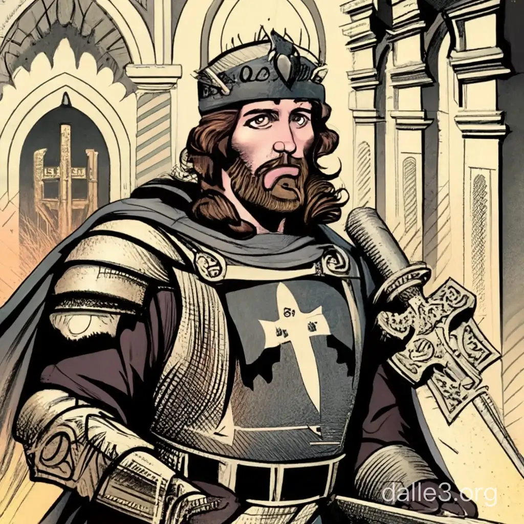 Templar with the gates of heaven behind him in a vintage comic book illustration 