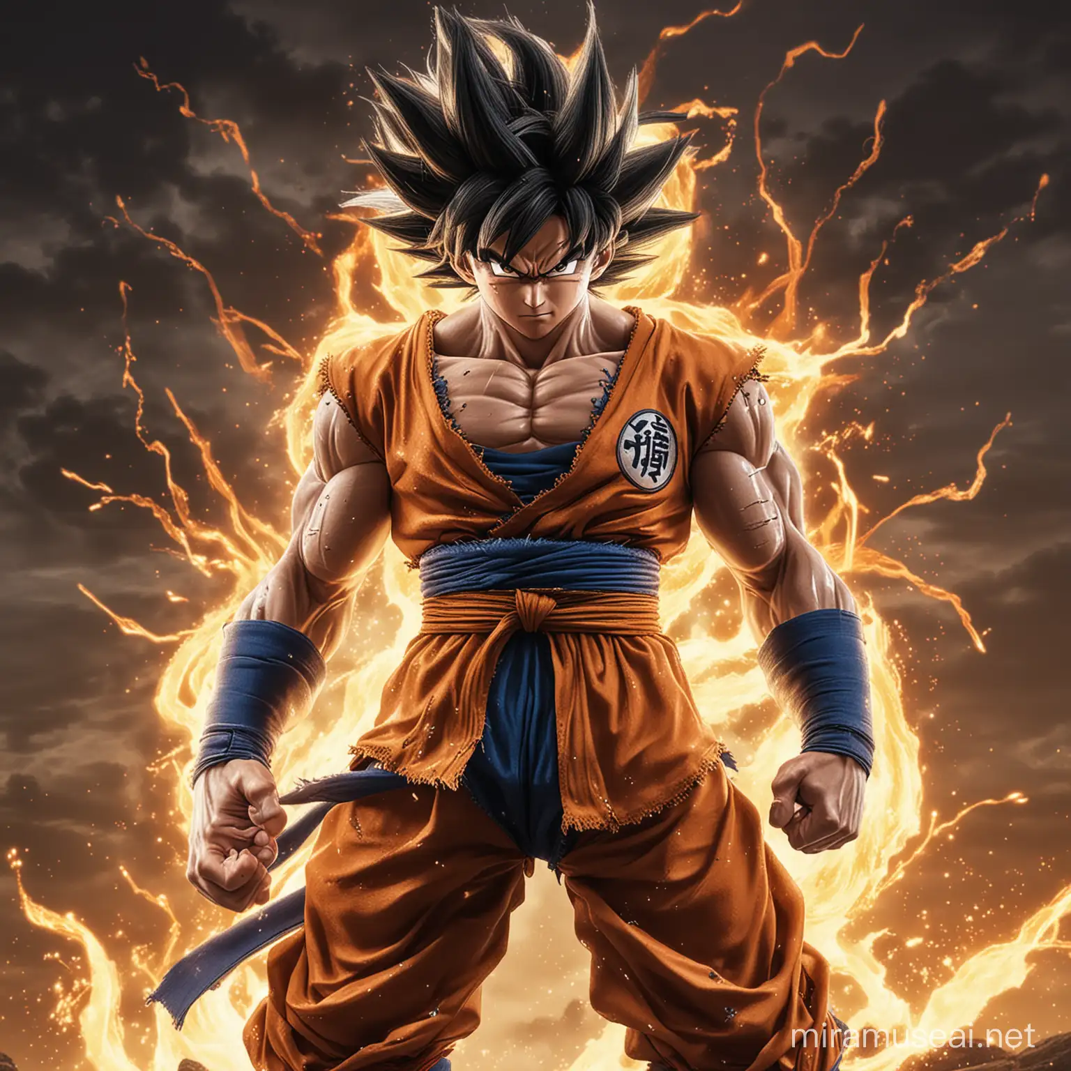 Son Goku stands after several battles, behind him the dragon Nova Shinron, torn clothes, lightning frames, invisible background