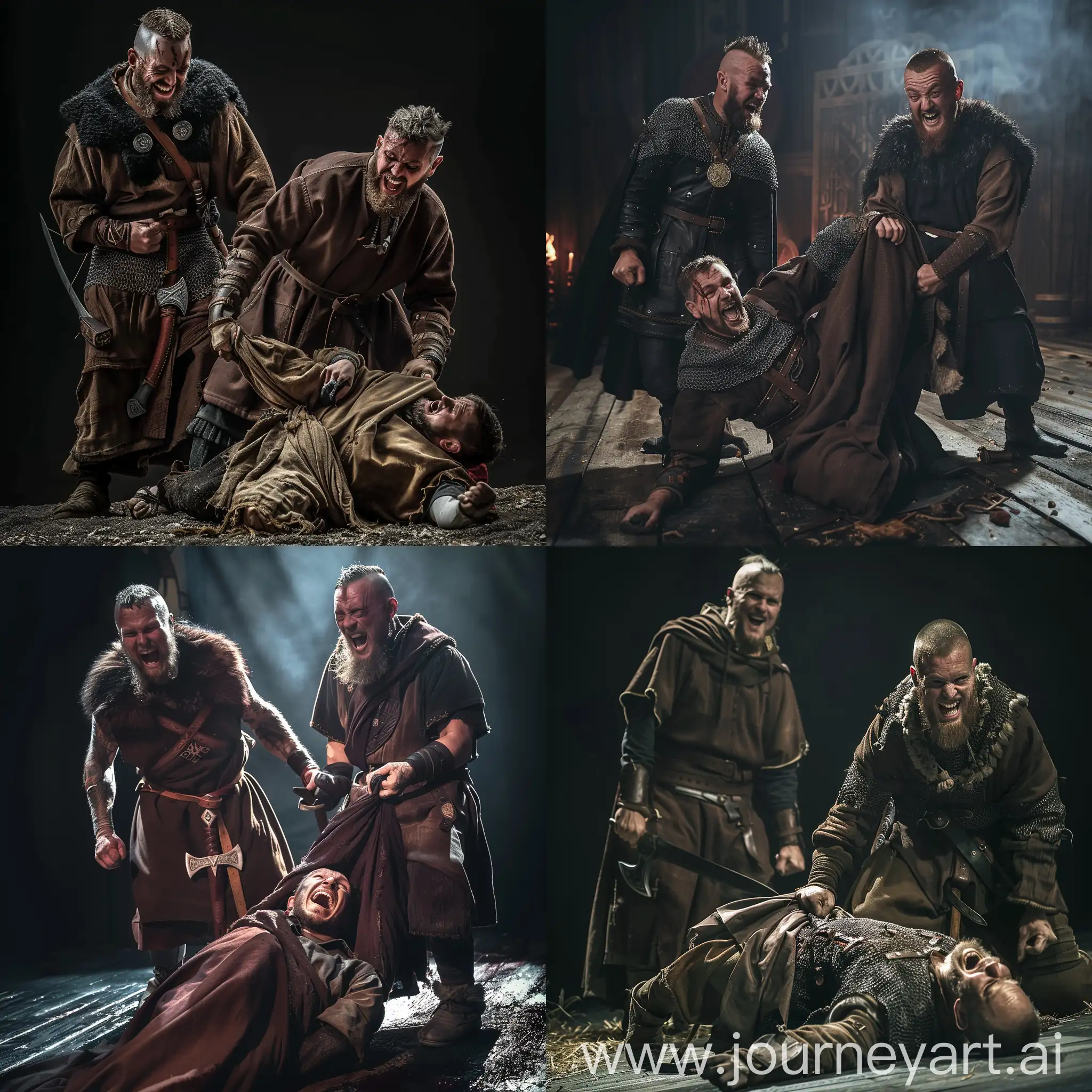 A viking warrior dragging an english monk on the ground by his clothes, there's another viking warrior laughing next to them, cinematic lighting
