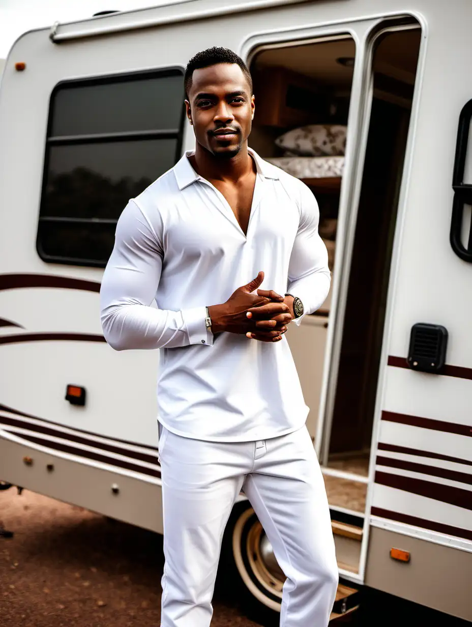 Stylish African American Man in White Outfit Poses on RV