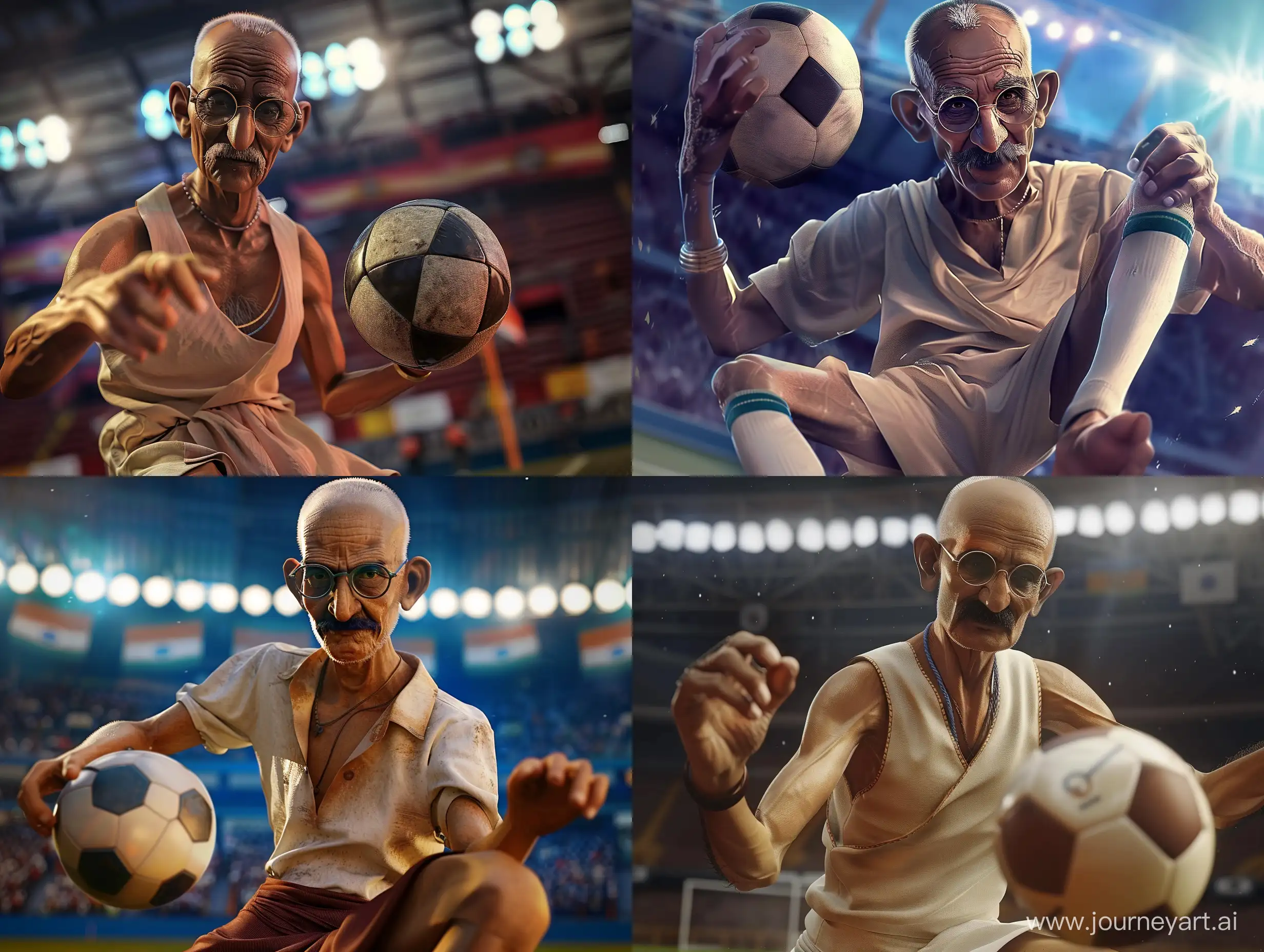 Mahatma Gandhi playing football in sportswear and glasses,in stadium, realistic, sport lighting, q2