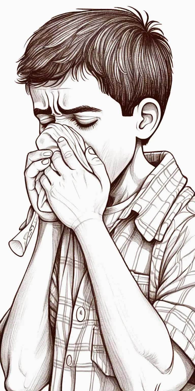 drawing illustration of Hispanic son coughing and covering his nose.