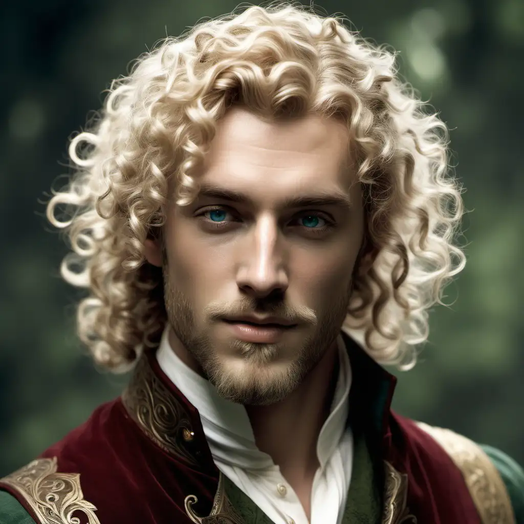 handsome, elven man, curly blond hair, beard, seducer, handsome, 19th century