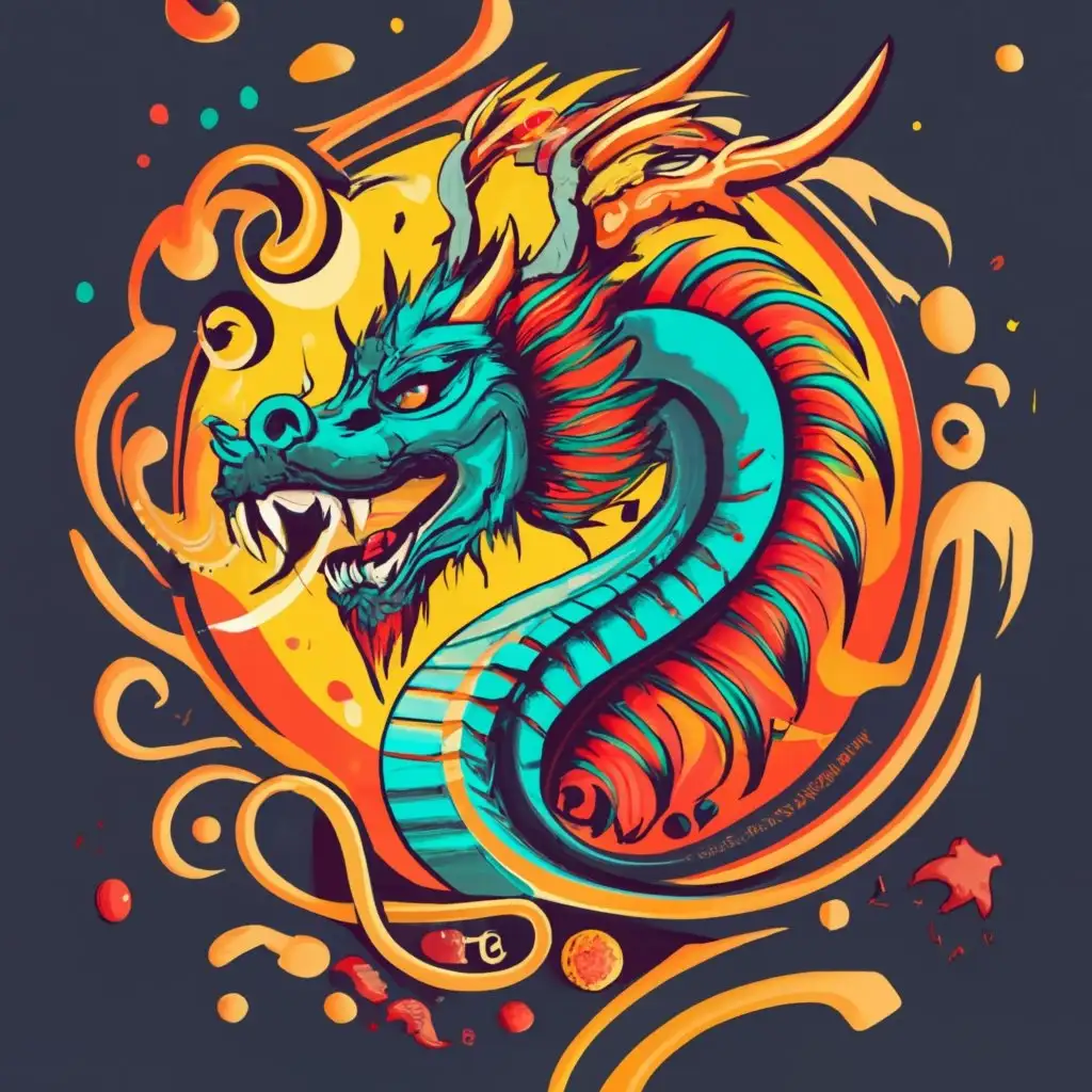 logo, Chinese dragon, graffiti style, wrapped in a circle, with the text "dragon", typography