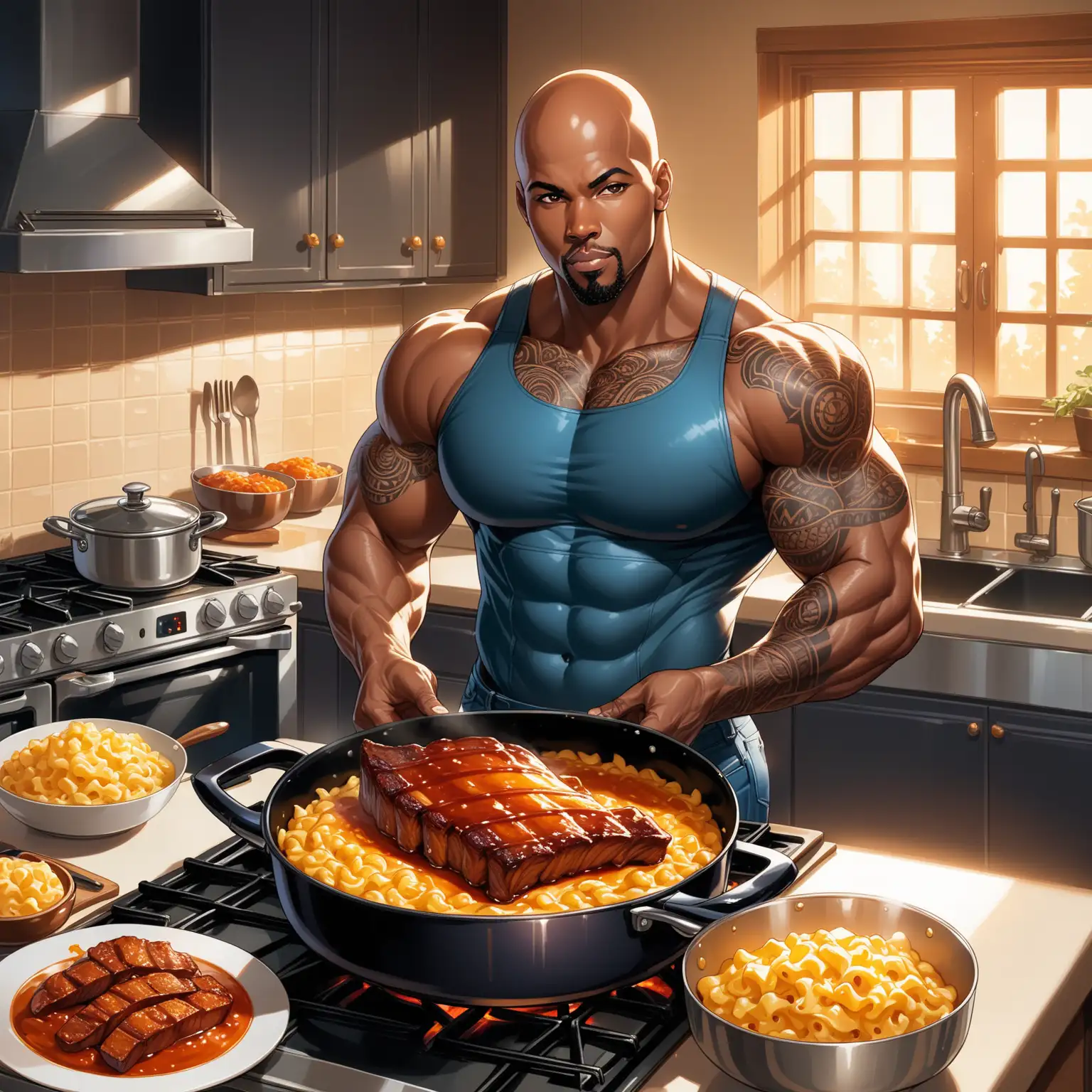 Create a cartoon African American woman with long, glossy, black-blue straight hair, wearing jeans and a crop top, standing barefoot in front of her meal on the stove in a detailed kitchen. She proudly looks at the viewer, with a delicious meal on the stove beside her. The African American man wears jeans, crop top, visible tattoos on this big strong arms, bald head, house shoes, he is eating a rib from the stove. The meal includes glazed ribs with a shiny, caramelized sauce, roasted cubed sweet potatoes with a crispy exterior, and a pan with creamy, baked macaroni and cheese with a gooey, stringy texture. The kitchen should have a warm, cozy ambiance with soft lighting that highlights the shiny metallic surfaces, especially the stove, enhancing the realism of the textures and colors of the food. Aim for photorealism in the portrayal of light, shadows, and textures to make the scene as lifelike as possible