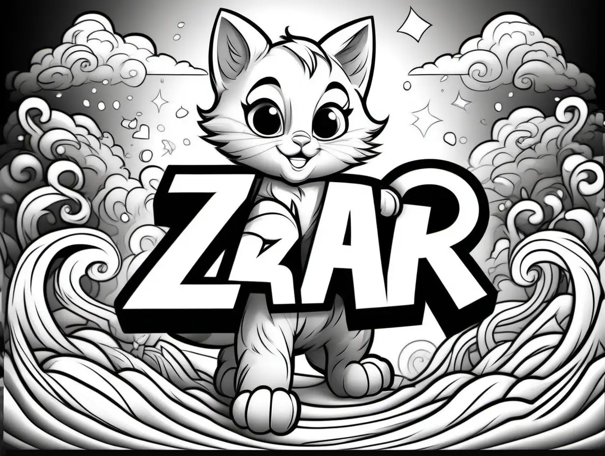 black and white coloring page for kids cartoon style cute super power kitten with colorable letter Z--ar 4:5