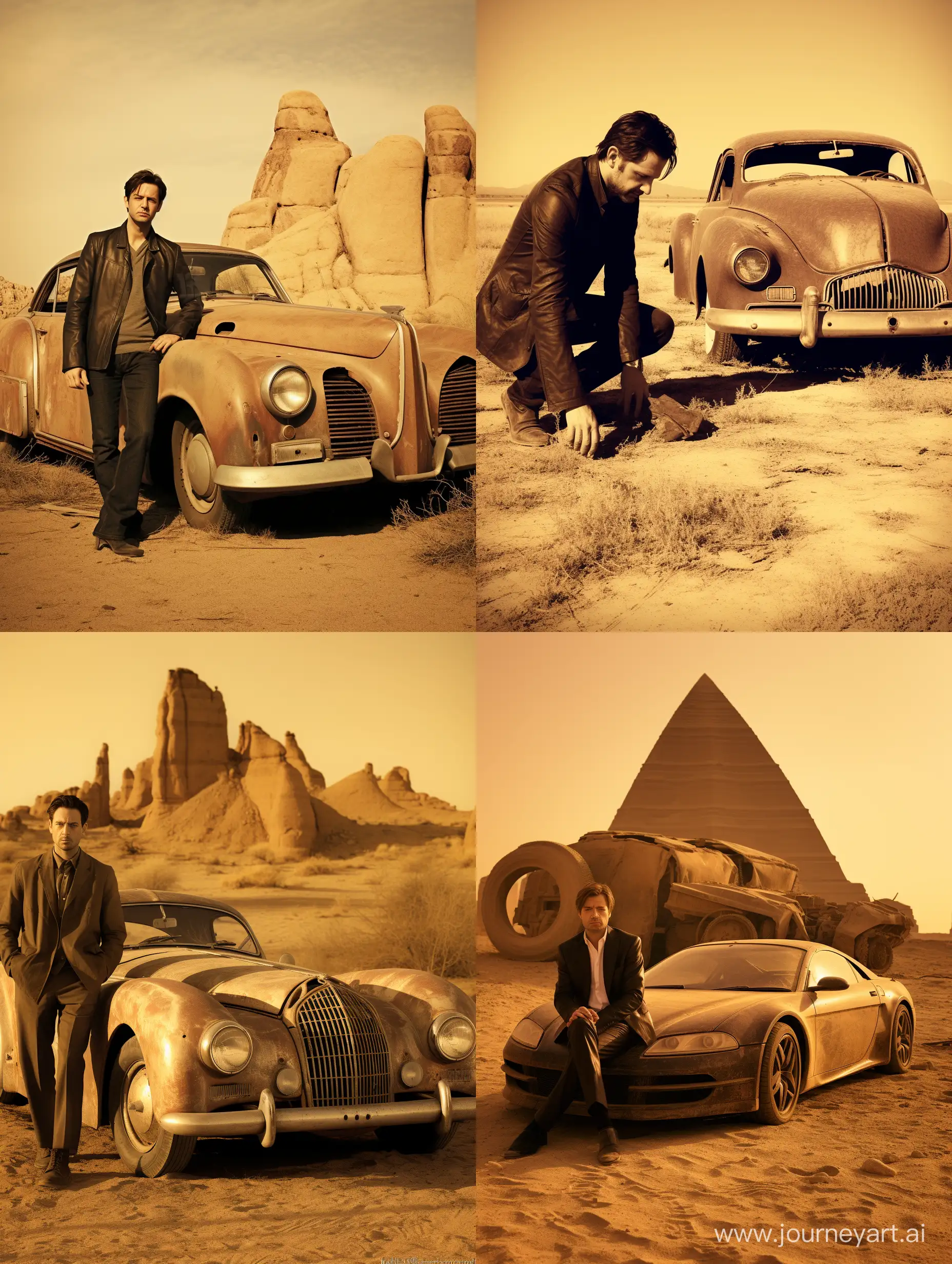 Historic archaeological photography of Tobey Maguire near Audi R8, sepia, photography aged and cracked.