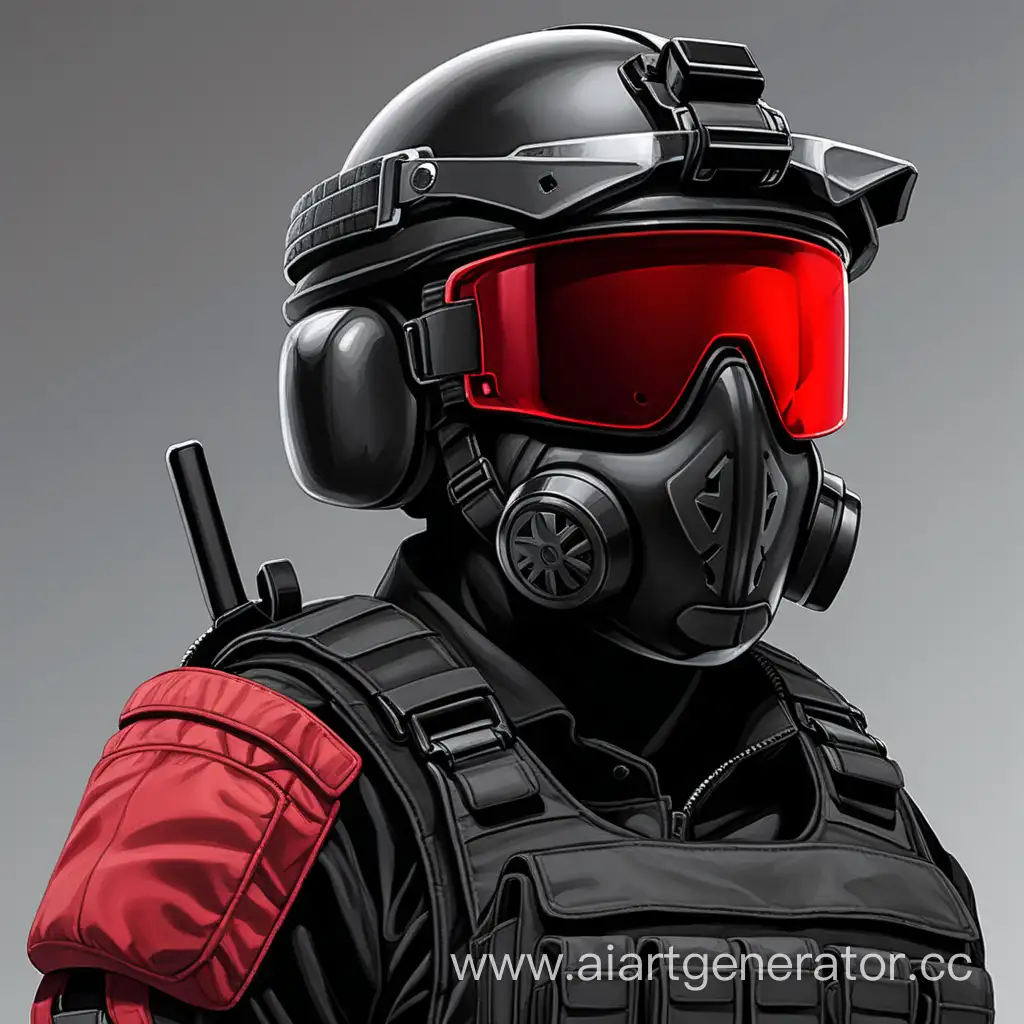 солдат, в черном шлеме ,с красным визором, в полумаске , в черной красной униформе, в черном бронежилете  