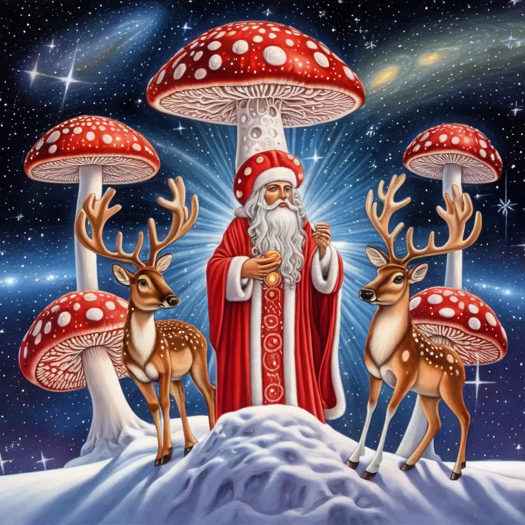 Solstice Santa with Cosmic Jesus Vibration and Amanita Muscaria MushroomReindeer