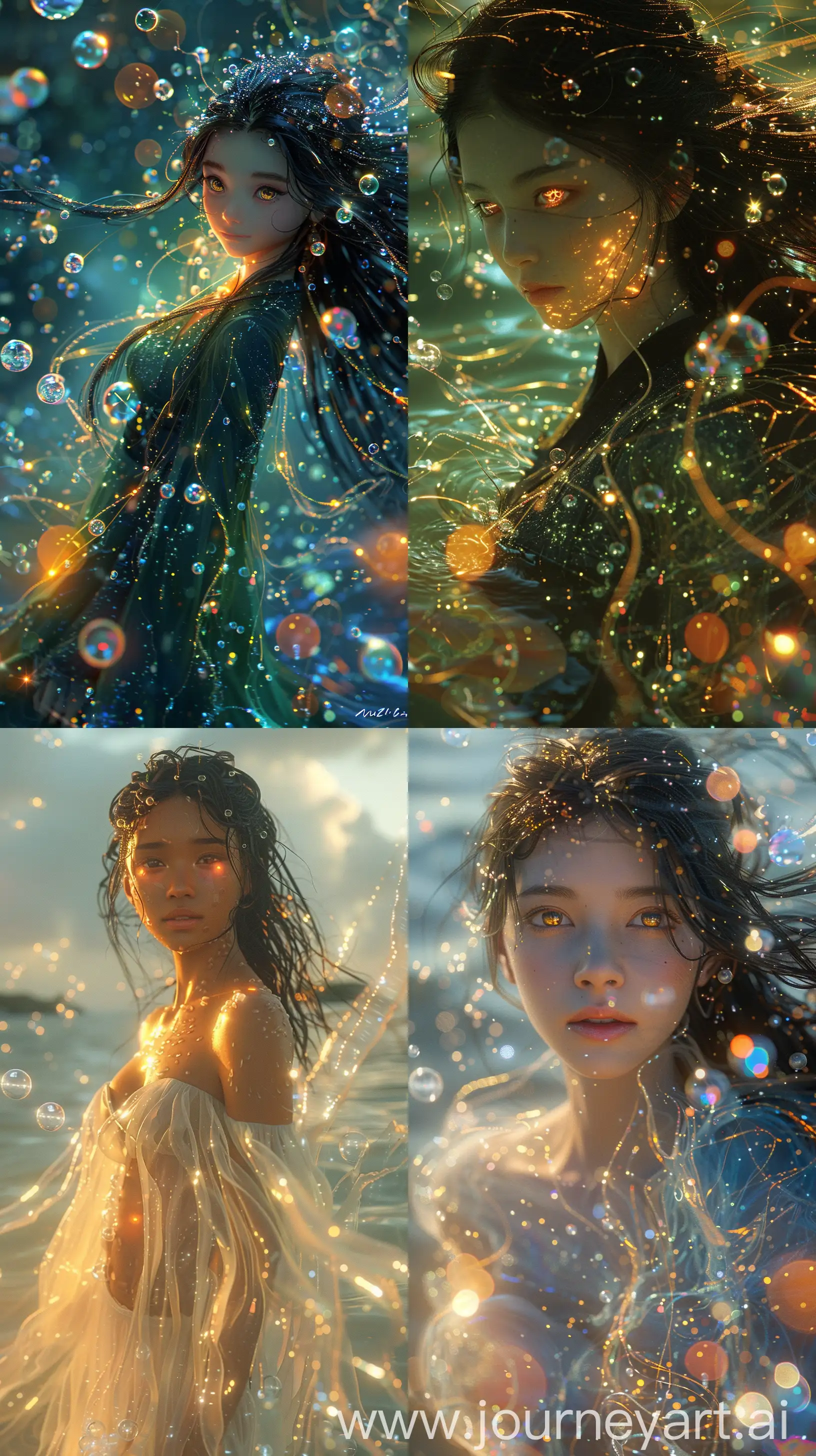 a woman that is standing in the water, digital art, inspired by Yanjun Cheng, fantasy art, glowing bubble threads of drop, artwork in the style of guweiz, portrait of kim petras, portrait of magical girl, trending at cgstation, endless flowing ethereal drapery, beautiful art uhd 4 k, ethereal bubbles, uchiha sasuke eyes and wearing bubble dress --s 500 --ar 9:16
