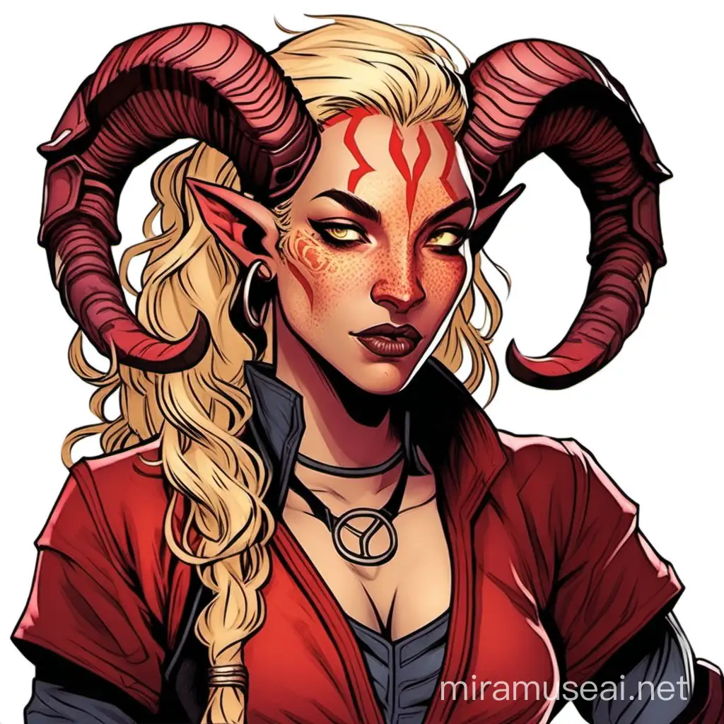 a female tiefling with red skin tone, freckles, blonde hair, ram horns