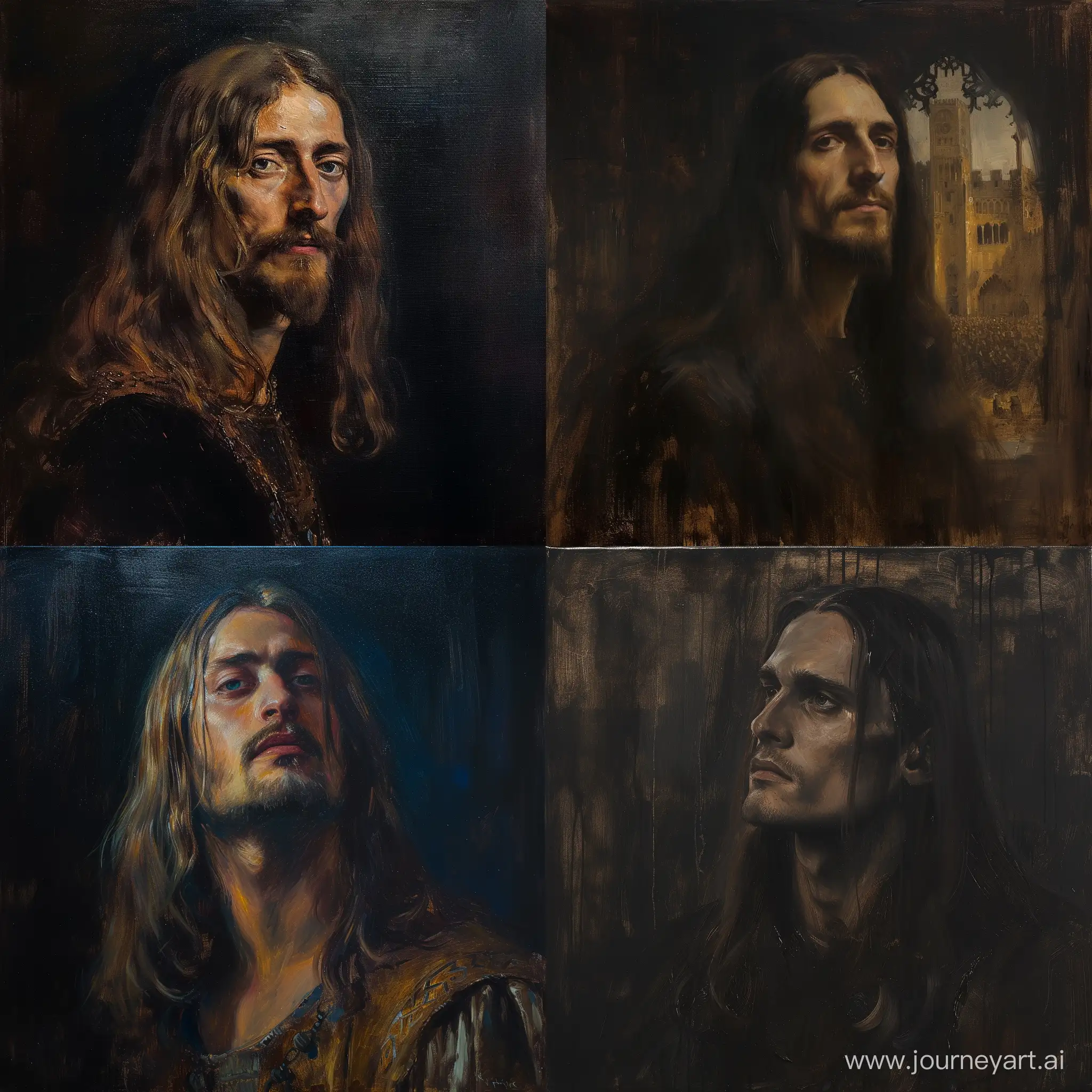 Dark oil painting of King Athelstan of England. He has long hair and slight beard. In palace. Dark color brush strikes oil painting.