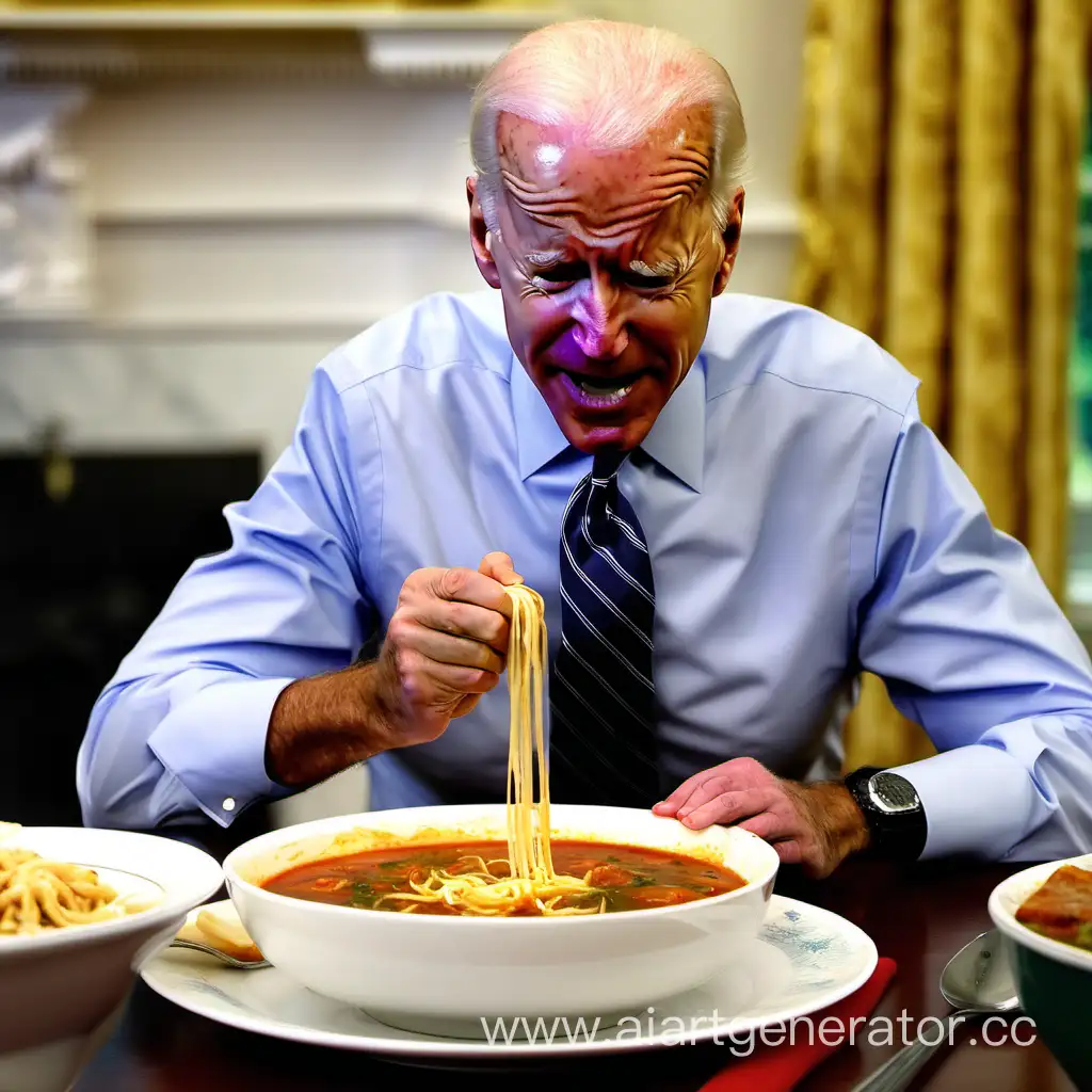 Джо Байден жадно, с аппетитом поедает суп