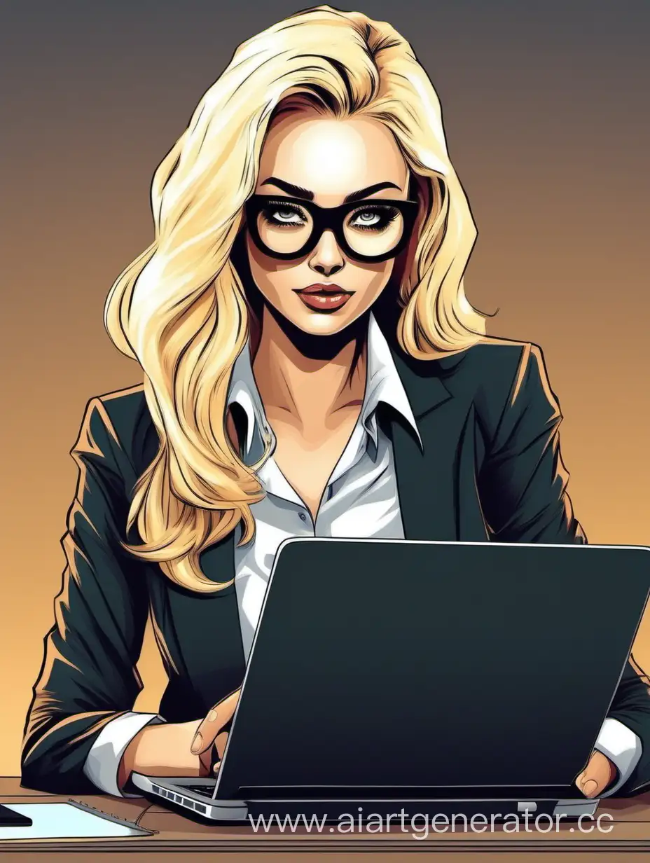 The beautiful blonde girl with black glasses sits at the table and types on the laptop chat-bot