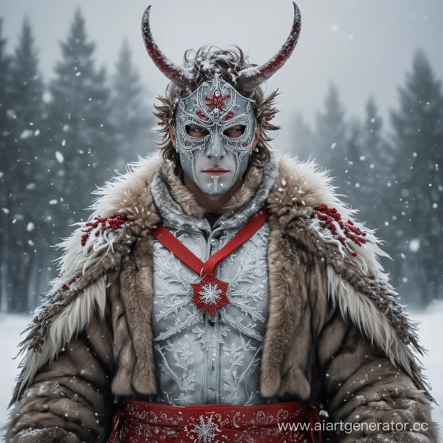 "Ледяной воин": персонаж одет в меховую шубу, украшенными снежинками. На его голове - маска из льда, из которой выходят ледяные рога. Вокруг пояса персонажа завязан красный пояс. мужчина
