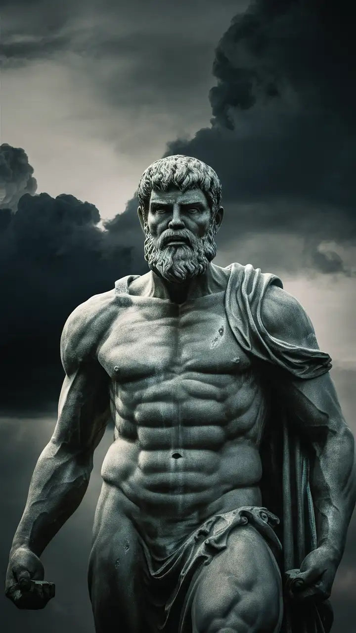 Римская скульптура, брутальный мужчина с густой бородой, на заднем фоне:чёрные тучи